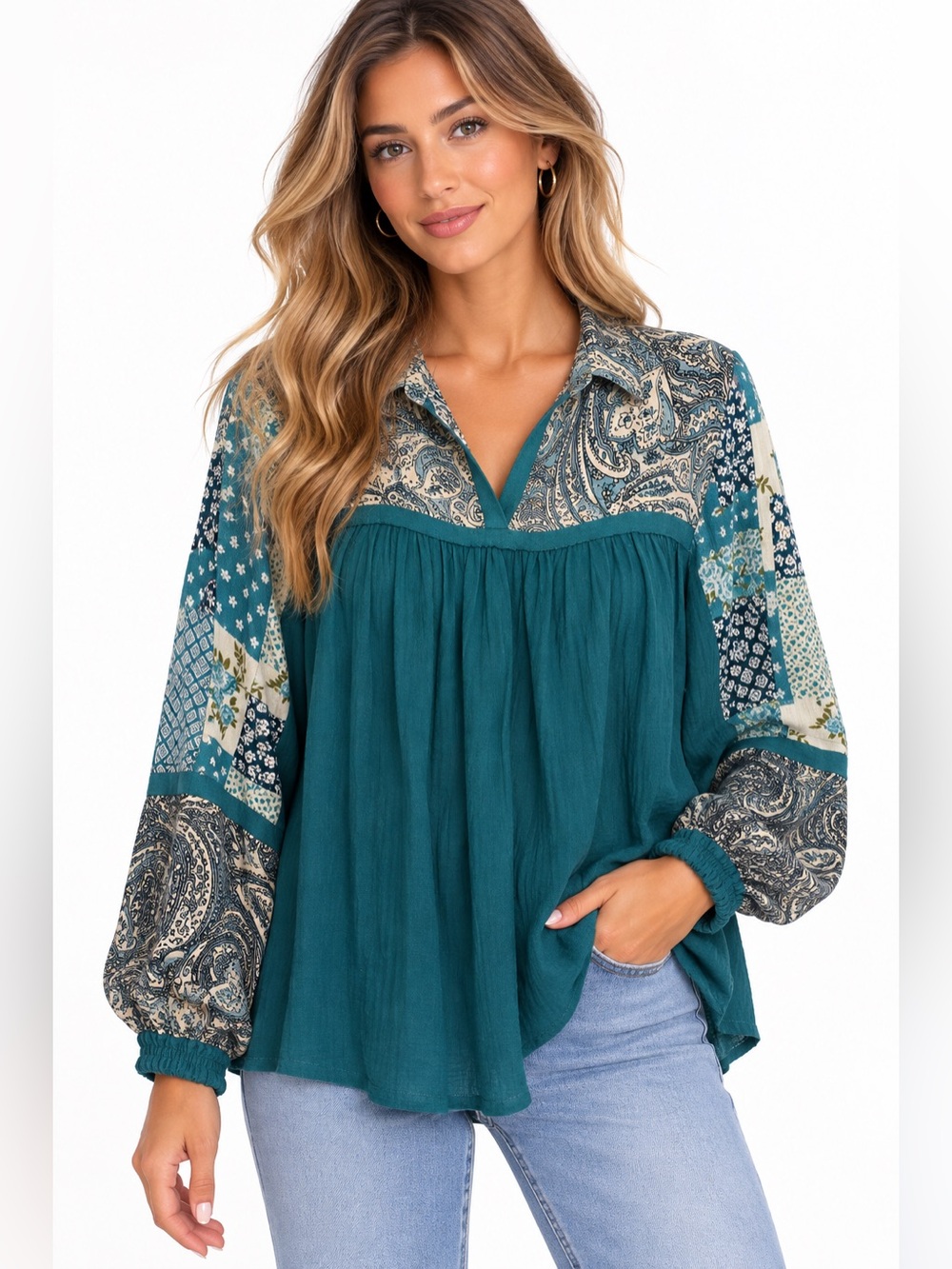 Easel Boho Teal Patchwork Peasant Blouse Women's Top Size Small Oversized